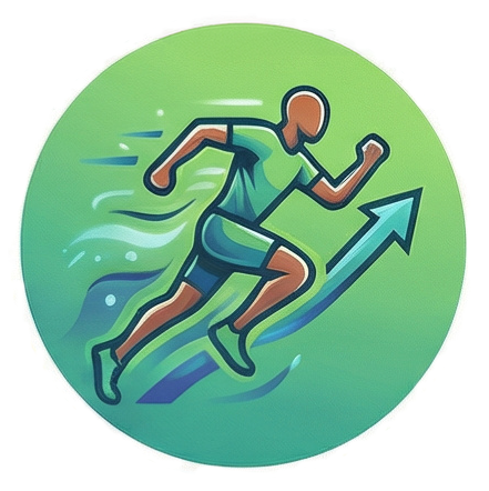 Circular icon of a man running and an arrow pointing forward and up